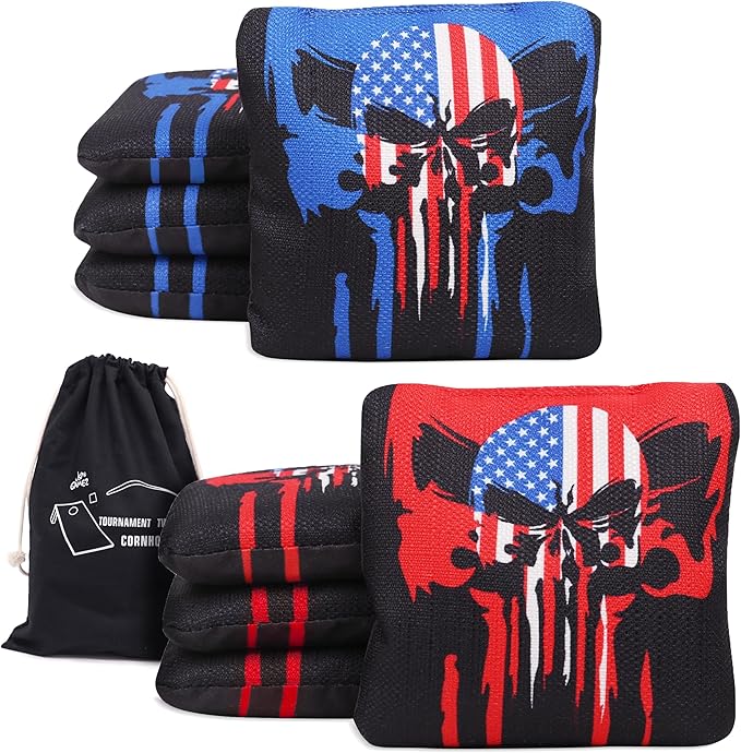 Professional Tournament Cornhole Bags Set of 8 Regulation 6”x6”, 15–16 oz | Dual-Sided Slick & Stick | Quad-Stitched Durability | Premium Resin Fill | Includes Carry Bag