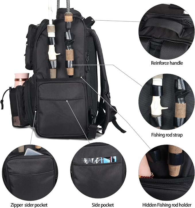 Fishing Tackle Backpack With Rod Holders, Large 40L Fishing Backpack for Camping, Hiking