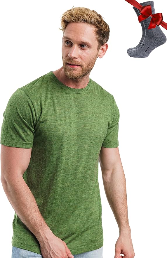 Merino Wool T-Shirt Mens - Merino Wool Undershirt Thermal Shirt for Men and Hiking Socks
