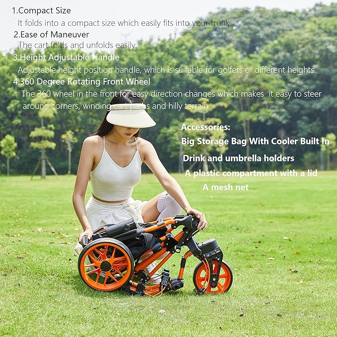 FLAGTAG Golf Push Cart 3 Wheel with 360 Swivel Front Wheel,Lightweight and Foldable Walking Golf Cart，One-Click Foldable,with Foot Brake