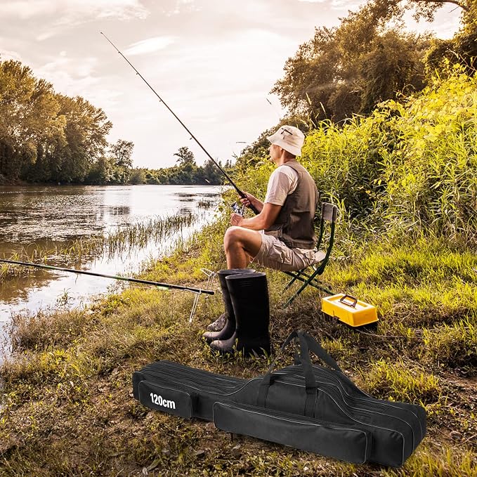 Fishing Rod Case - Three Layer Oxford Portable Folding Fishing Pole Bag - Outdoor Waterproof Tackle Storage Travel Bag