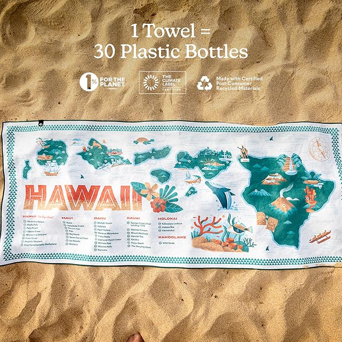 Nomadix Original Towel - Perfect for Beach, Pool, Travel, Camping, Yoga - Made with Recycled Materials - Super Absorbent - Sand Resistant - Hawaii Map - 72.5x30