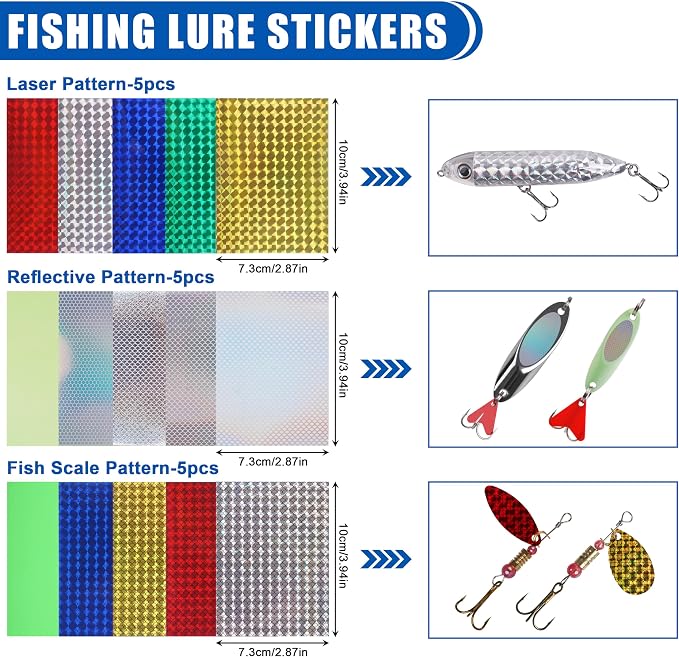 Fishing Lure Tape Stickers,15/30pcs Reflective Fish Scales Lures Bait Sticker Holographic Adhesive Film Flash Lure Tape for DIY Fishing Lures Making Accessories Crafts Tool