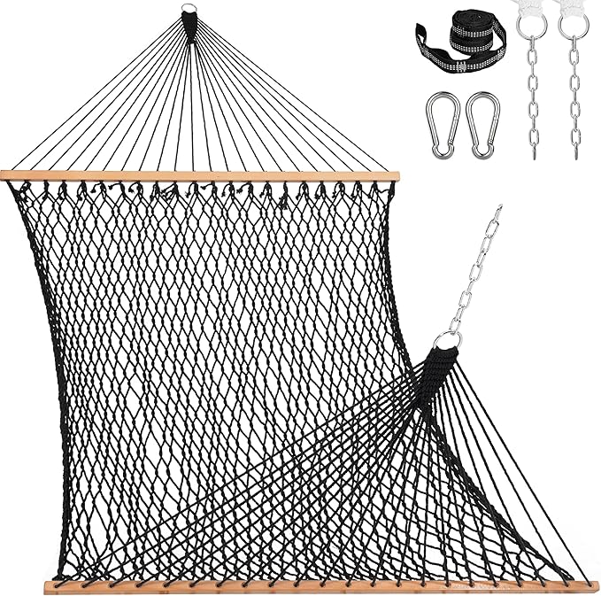 Lazy Daze Hammocks 12FT Double Rope Hammocks, 2 Person Hand Woven Cotton Hammock with Spreader Bar, Carabiner, Tree Strap, Chain for Outside, FIT 13-15 FT Stand, Max 450 Lbs, Black