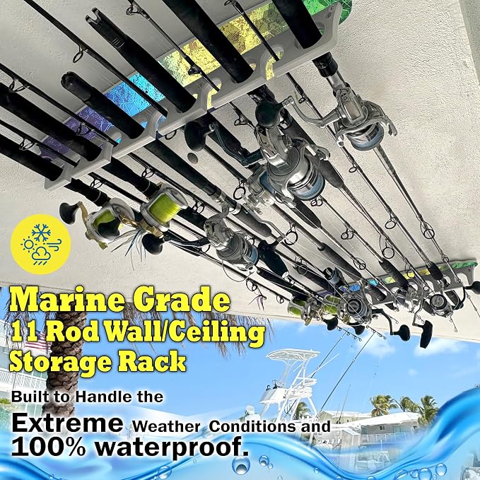 Rush Creek Creations Reel Salty Waterproof Offshore/Inshore Fishing Rod Holder for 11 Saltwater Poles + Gear & Accessories Perfect for Garage & Wall Storage