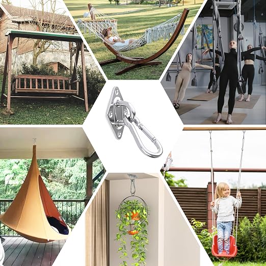 OHIYO 2PCS M10 Stainless Steel Pad Eye Hooks+2PCS M10 Snap Hooks, Heavy Duty Hammock for Hanging, 1300lbs Capacity for Swing Set, Plant Hanger, Outdoor Lights