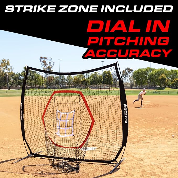 GoSports 7 ft x 7 ft Baseball & Softball Nets - Red, Black, Drip or PRO - Practice Hitting & Pitching Net with Bow Type Frame, Carry Bag and Strike Zone, Great for All Skill Levels