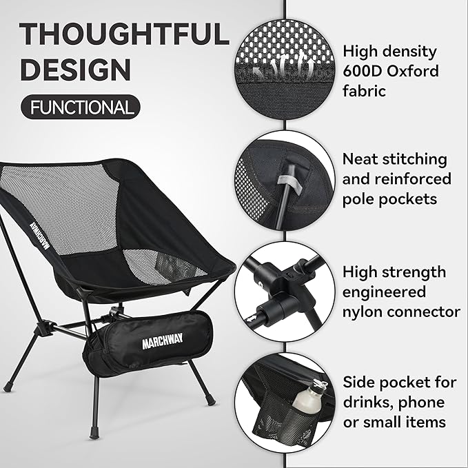 MARCHWAY Ultralight Folding Camping Chair, Heavy Duty Portable Compact for Outdoor Camp, Travel, Beach, Picnic, Festival, Hiking, Lightweight Backpacking (Black)