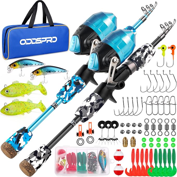 ODDSPRO Kids Fishing Pole - Portable Telescopic Kids Fishing Rod and Reel Combo Kit - with Spincast Fishing Reel Tackle Box for Girls, Youth