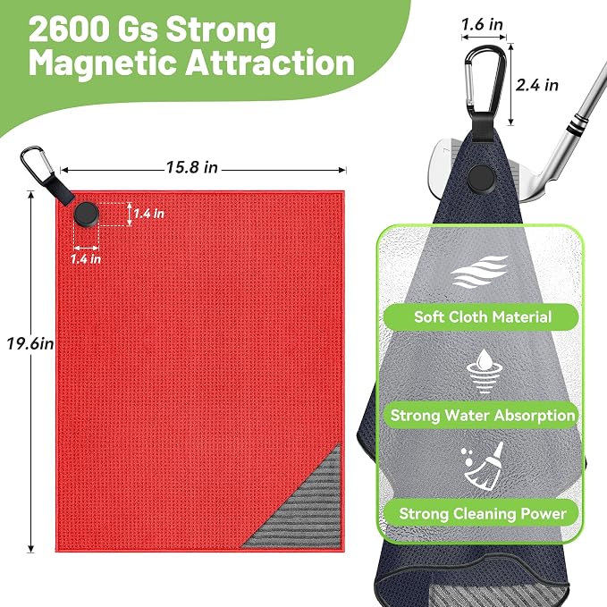 2 Pack Mangetic Golft Towels with Clip & 2 Pack Golf Green Reader Golf Ball Marker Hat Clip