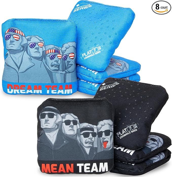 Play Platoon Competition Series Cornhole Bags Set of 8 Regulation Professional Weight Double Sided Slick and Stick with Rubber Sticky Dot Slow Side for Pro Corn Hole Bean Bag Toss Game-Designed in USA