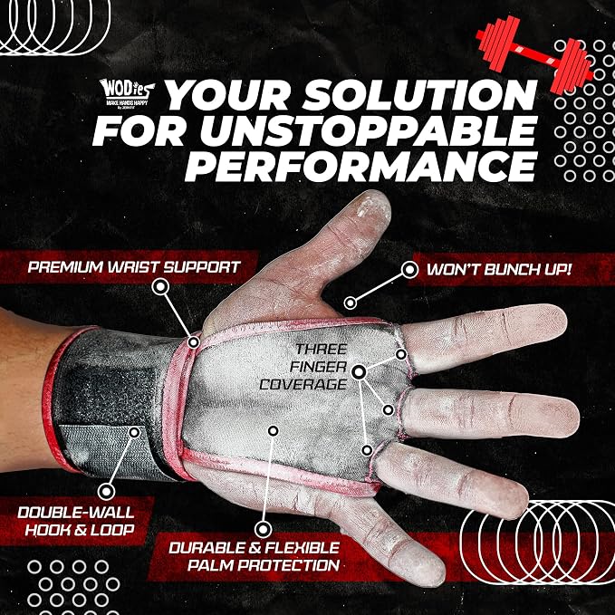 JerkFit WODies Gymnastics & Weightlifting Grips with Wrist Wraps – 3 Hole Versatile Gym Gloves for Pull Ups, Gym Training & Cross Training – Hand Grips Palm Protector for Men & Women