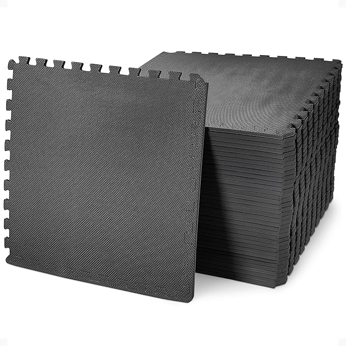 BalanceFrom Puzzle Exercise Mat 1/2" Thick, EVA Interlocking Foam Floor Tiles for Home Gym, Mat for Home Workout Equipment, Floor Padding for Kids, Black, 24 in x 24 in x 1/2 in, 144 Sq Ft - 36 Tiles