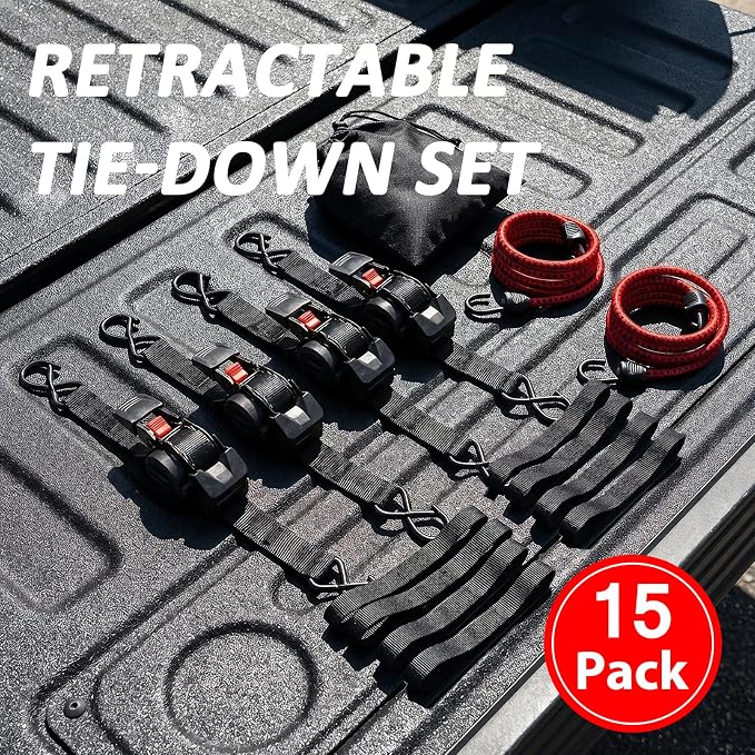 Retractable Ratchet Straps (4 Pack) - 1" x10 ft Heavy Duty with Auto Retract, Safety Lock Hooks & 1650 lb - Soft Loops + Bungee Cords for Truck, Trailer, Motorcycle, ATV, UTV, Moving