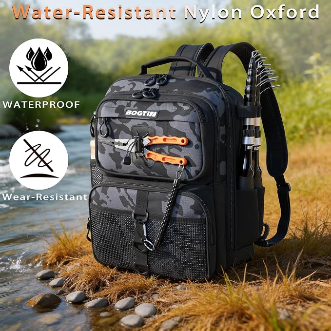 Fishing Backpack with Fish Rod & Lures Kit Lightweight 25L Tackle Bag with Fishing Gear and Tackle Boxes, Fish Gifts for Men Woman-Black Camo Backpack