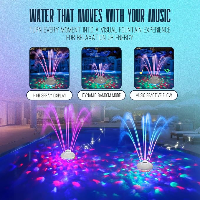 Floating Pool Speaker with Fountain & RGB Lights, 3-in-1 Bluetooth 5.4 Waterproof Speaker, IP68 Shower Speaker,Inflatable Hot Tub Accessories,10000mAh Battery,24H Playtime,Loud Stereo Outdoor Speaker