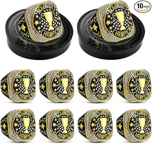 Highergo 10 Pcs Basketball Softball Baseball MVP Dancer Champion Trophy Ring with Display Stand Star Football Soccer Volleyball Golf Cheerleading Bowling Track Field