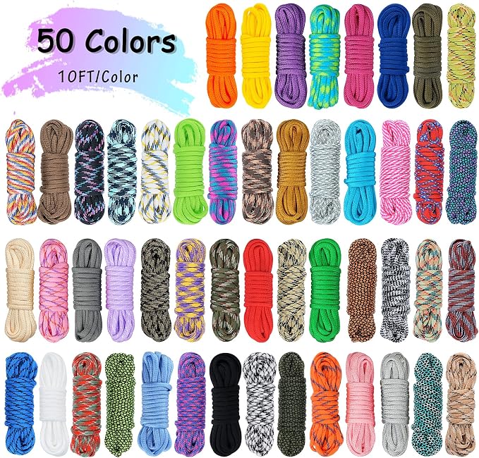 50 Colors Paracord Combo Kit with Instruction - Multifunction Parachute Cord with 28 Paracord Accessories for Making Paracord Bracelets, Lanyards, Dog Collars