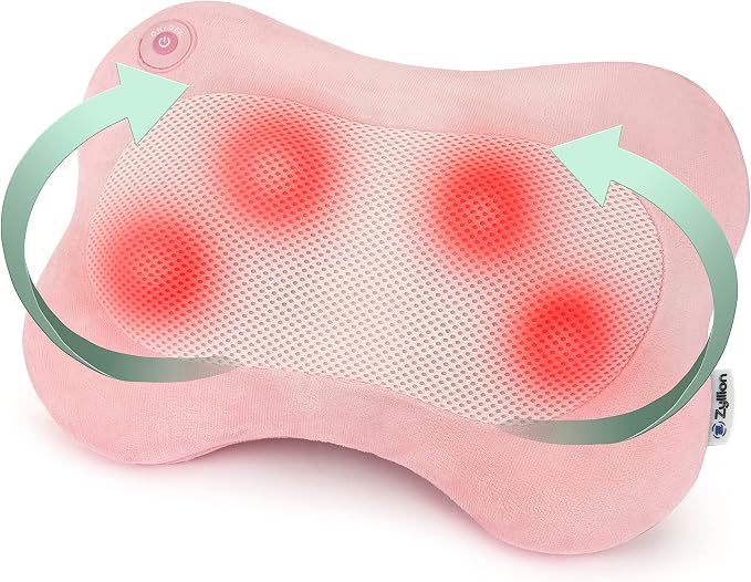 Zyllion Shiatsu Back and Neck Massager with Heat - 3D Electric Kneading Deep Tissue Massage Pillow for Muscle Pain Relief, Pink, ZMA-13