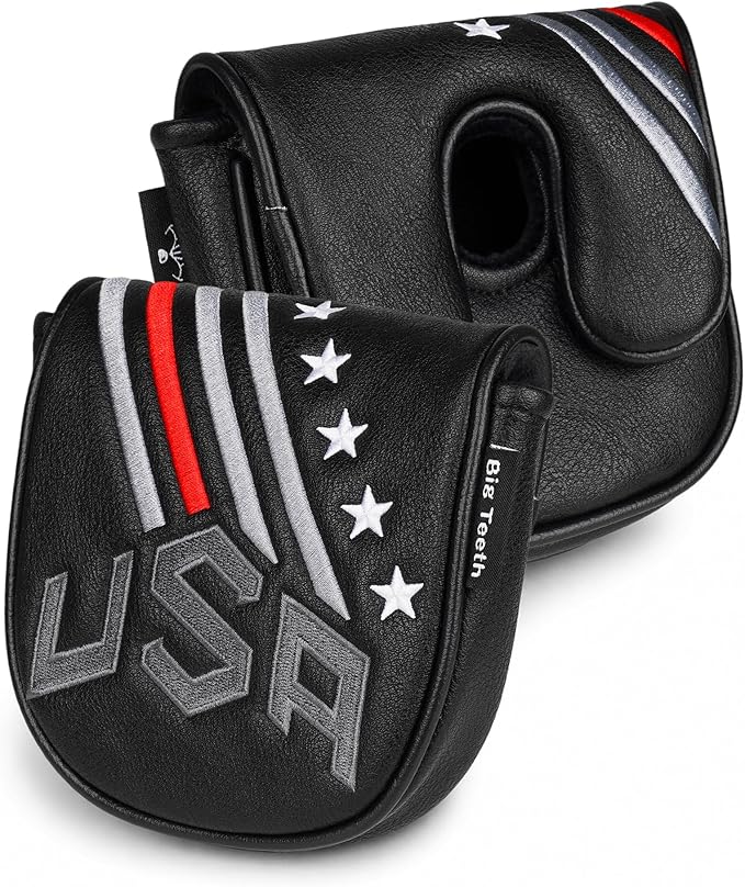 Big Teeth Golf Cover USA Stripe and Star Headcover Covers, Driver Fairway Wood Hybrid Headcovers Fits Blade Mallet Putter Iron and Woods with Magnetic Club Protector Pu Leather Golf Accessories