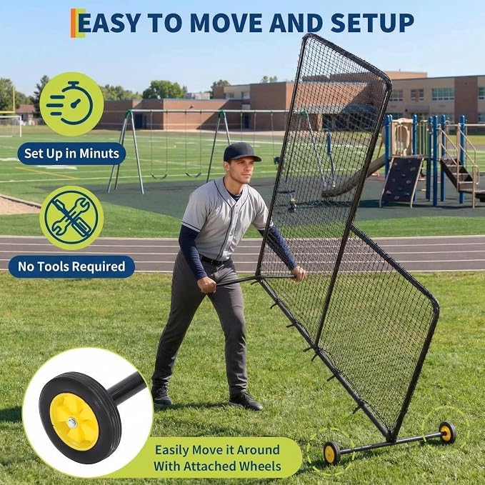 7x7FT L-Shaped Baseball Pitching Net with Wheels,Portable Steel L Screen,Protective Pitcher Screen Netting for Batting Cage, Softball & Tee-Ball Practice (All Skill Levels)