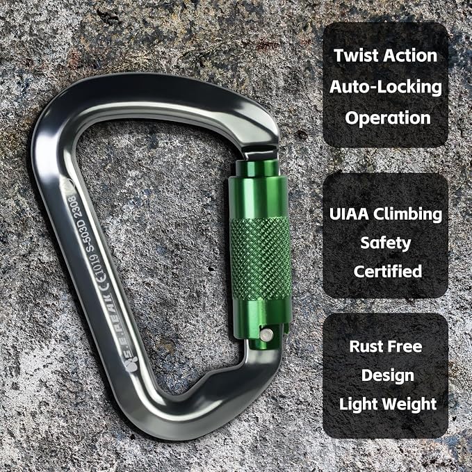 SEPEAK UIAA 30kN Climbing Carabiner Clips, Professional Heavy Duty Twist Locking Carabiners for Climbing,Mountaineering, Rappelling, Camping, Hiking, Swings, Large D Ring Hooks