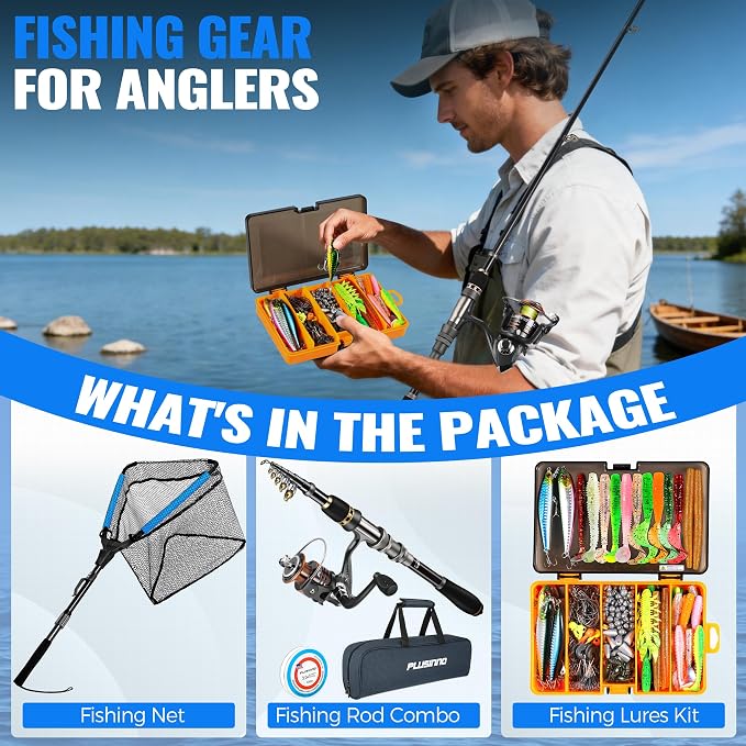 PLUSINNO Fishing Rod and Reel Combo Pole Gear Kit Telescopic Beginner | Portable All-in-One Fishing Equipment, with Freshwater Bass Trout Lures Kit Floating Net, with Carrying Case, Gifts for Men