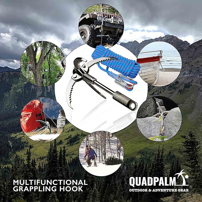 Grappling Hook and Rope 10M (32ft) - Multifunctional Heavy Duty Survival Hook - 4 Stainless Steel Folding Claws - Survival Gear - Outdoors Camping Hiking