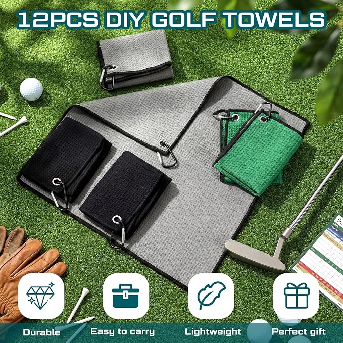 Batiyeer 30 Pcs Golf Towels Bulk for Bags 16'' x 16'' Microfiber Fabric Golf Towel with Clip Waffle Pattern for Men Mini Tournament Fitness Yoga Camping(Black,Gray,Green)