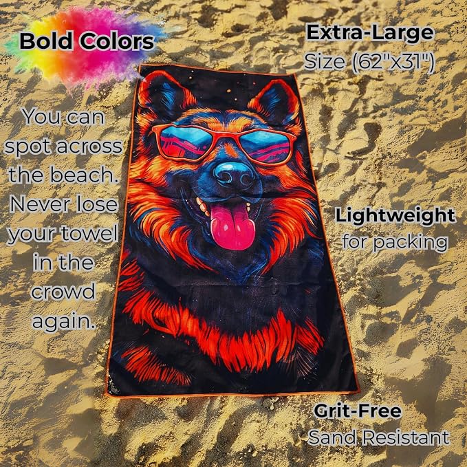 Microfiber Funny German Shepherd in Sunglasses Colorful Beach Towel for Women, Girls, Kids, Boys, Men, Plush Beach Towel, Absorbent Pool Towel Super Soft, Oversized 31x62 Inches