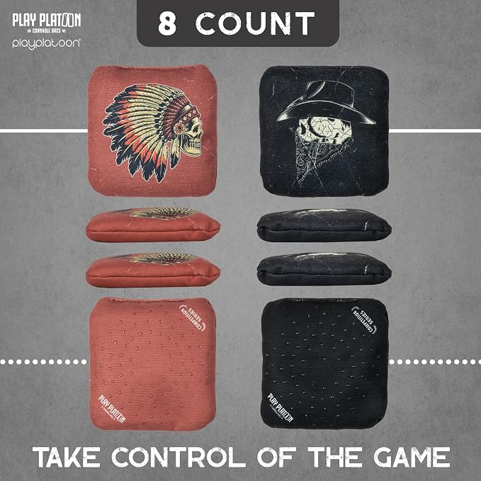 Play Platoon Competition Series Cornhole Bags Set of 8 Regulation Professional Weight Double Sided Slick and Stick with Rubber Sticky Dot Slow Side for Pro Corn Hole Bean Bag Toss Game-Designed in USA