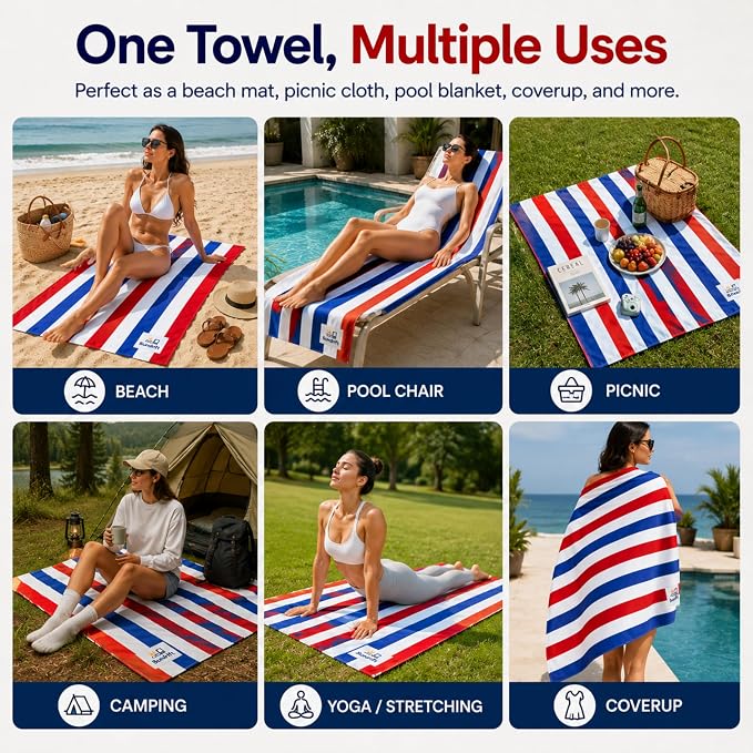 Oversized Microfiber Beach Towel 71x36 Inch, Quick Dry Sand Free Travel Towel, Lightweight Sueded Beach Blanket for Pool, Camping, Yoga & Beach Trips (Red/White/Blue)