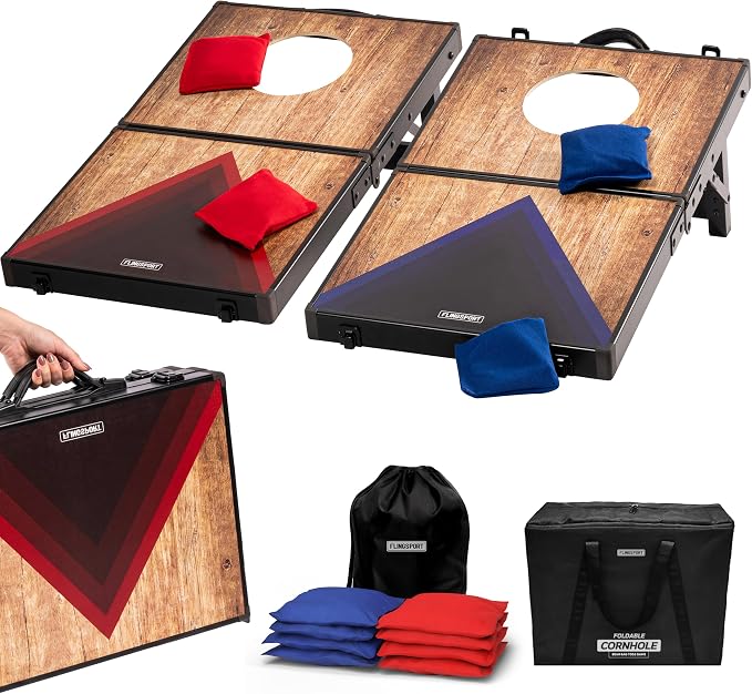 Flingsport Cornhole Board Set 24"x15" - 2 Boards Portable Corn Hole Set - Solid Plywood Tops with Aluminum Frame & Legs - Travel Cornhole Boards - Includes 8 Bean Bags, Travel Case & Game Rules