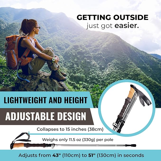 TREKOLOGY 2 pc Trekking Hiking Poles / 6 pc Replacement Rubber Tips-Collapsible Trekking Poles Nordic Hiking Pole Cork Grip. Lightweight Aluminum 7075,Adjustable Quick Flip-Lock, Folding Walking Stick