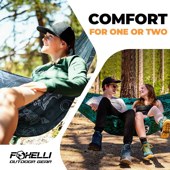 Foxelli Camping Hammock – Ultralight Hammock for Backpacking, Hiking, Festivals, Travel - Easy Setup with Tree-Friendly Ropes & Steel Carabiners, Heavy Duty Parachute Nylon