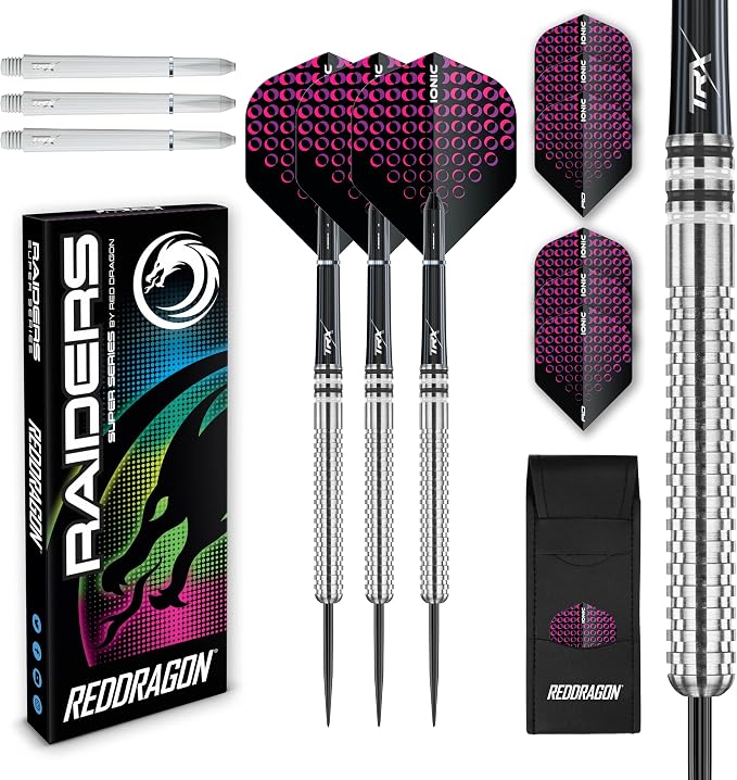 RED DRAGON Raider Series Steel Tip Darts Set - 90% Tungsten Professional Darts with Flights & Shafts - Precision Control & Stable Flight