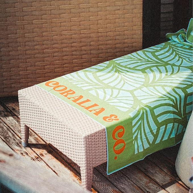 Coralia & Co. Large Microfiber Beach Towel - Quick Dry, Sand-Free, Lightweight with Convenient Storage Pouch (Mint Palm)