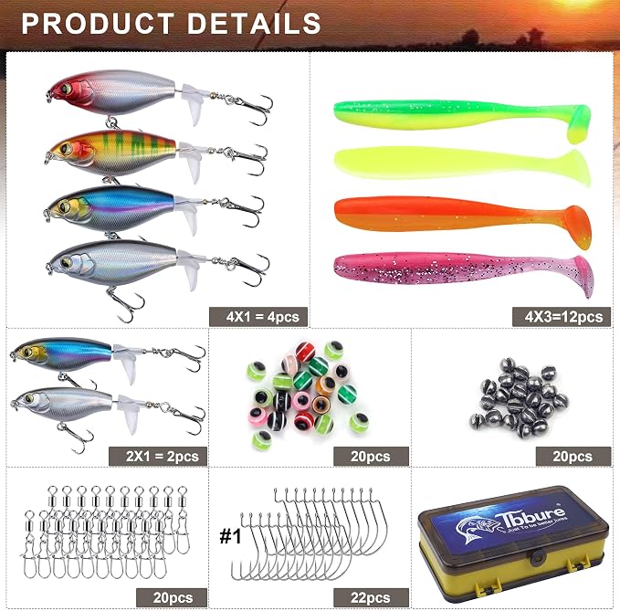 100 Pcs Fishing Lures Ploppers Equipment Tackle Gear Box for Bass, Floating Rotating Tail, Hard Fish Kit with Soft Lure,Hooks, Accessories Tools,Plastic Bait, Swimbait