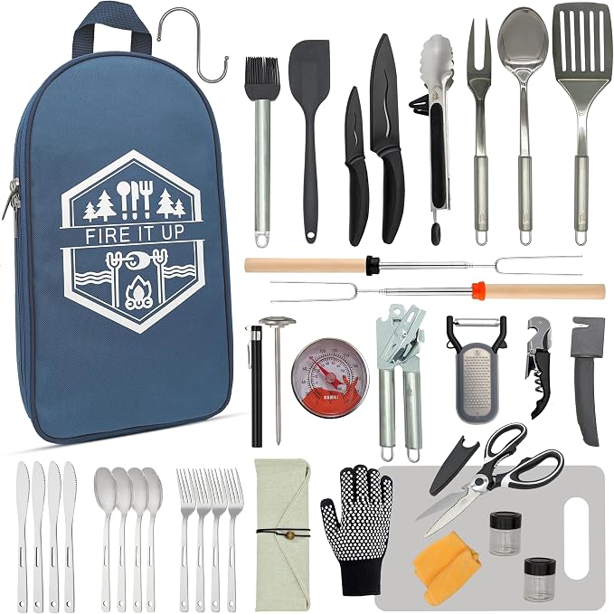 BOMKI Grilling & Camping Cooking Utensils - BBQ & Camp Kitchen Set - Cookware Accessories - Camping Essentials (Blue Pro)
