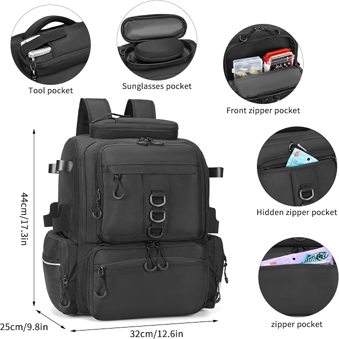 Rabjen Fishing Tackle Backpack, 45L Storage Waterproof Travel Bag Store Fishing Gear with Insulated Top Pocket