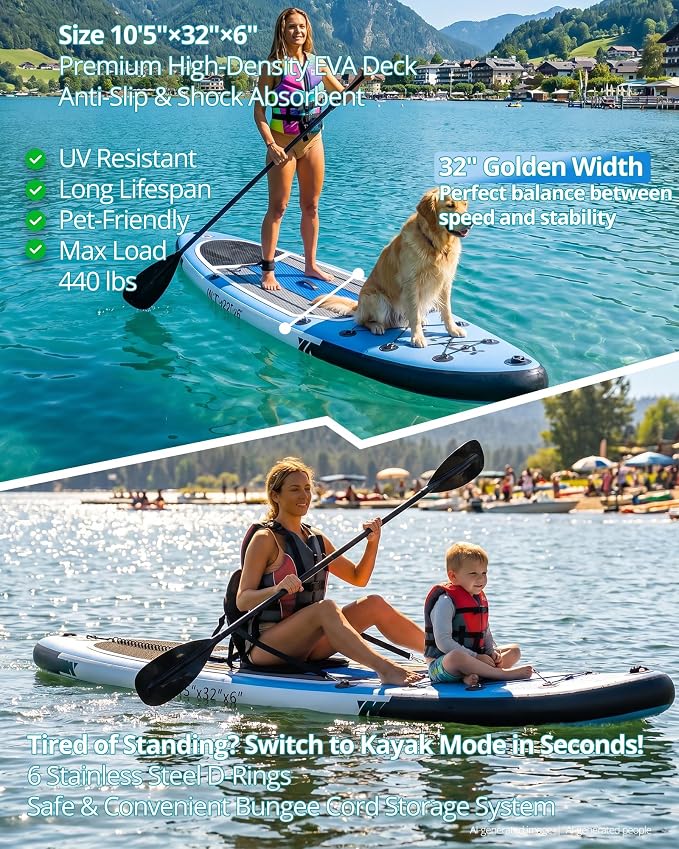 Inflatable Stand Up Paddle Board with Seat, 10'6"/10'5" SUP 440LBS, Recreational Paddleboard for Adults Beginners, Blow Up Paddle Board with Fishing Design, Camera Mount, Cooler Bag & Full Accessories