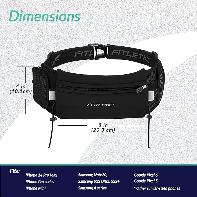 Fitletic - Ultimate II Running Pouch with Gels, Runners Pouch, Running Waist Belt with Gel Loops, Exterior Pocket, Inner Pocket, and Integrated Bib Toggles, Running Accessories