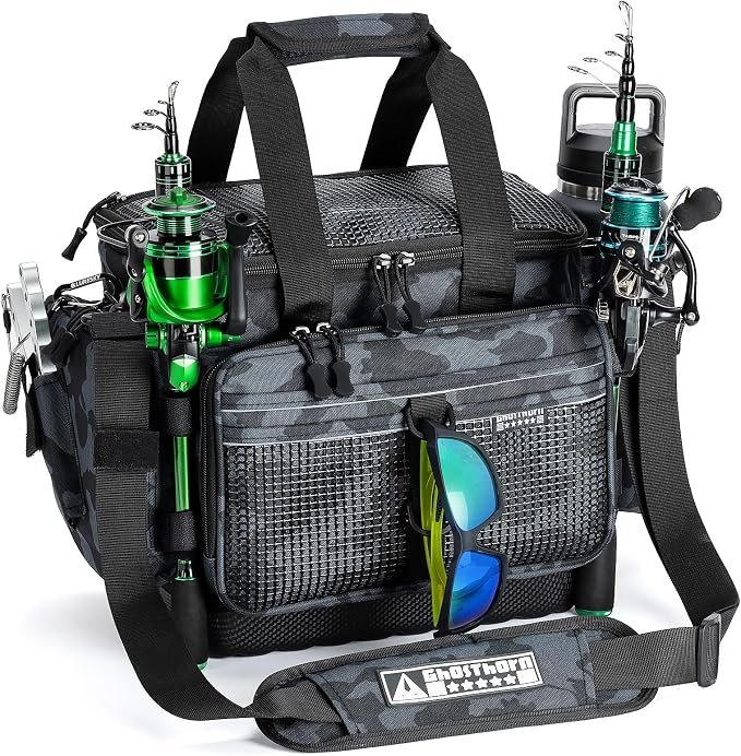 Ghosthorn Large Fishing Tackle Bag with Rod Holder Waterproof Gear Storage | Waterproof Fishing Bag with Padded Shoulder Strap Fishing Gear and Equipment Storage for Saltwater Freshwater