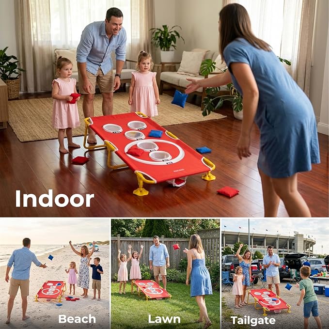 Foldable Cornhole Game Set Portable Bean Bag Toss for Family Tailgate & Beach - Metal Frame 5-Hole Arcade Style with 8 Bags & 8 Fun Games - Choose 3x2' Tailgate or 4x2' Regulation Size