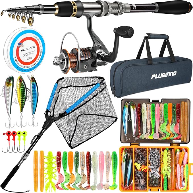 PLUSINNO Fishing Rod and Reel Combo Pole Gear Kit Telescopic Beginner | Portable All-in-One Fishing Equipment, with Freshwater Bass Trout Lures Kit Floating Net, with Carrying Case, Gifts for Men