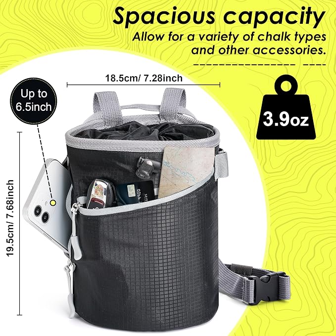 Chalk Bag for Rock Climbing, Bouldering Bag Bucket, 2 Waterproof Zipper for Gymnastics, Cross Fit, and Lifting (Large)