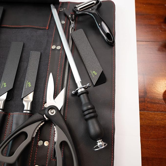 EVERPRIDE Black Leather with Gorgeous Red Trim, Professional Chef Knife Roll and Bag for Knives. Premium Leather Bag, Sturdy Construction, Luxury Collection.