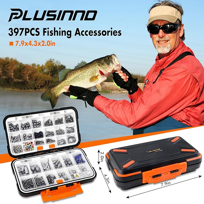 PLUSINNO 397pcs Fishing Accessories Kit and 404 PCS Fishing Lures, Upgrade XL Fishing Tackle Box with Tackle Included