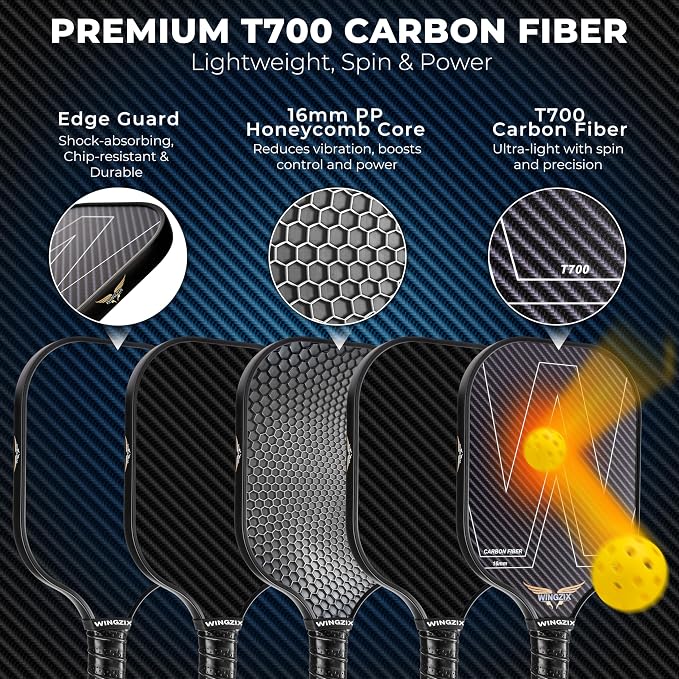 Pickleball Paddles Set of 4 - Pickle Ball Paddles Bundle with T700 Carbon Fiber Rackets, 4 Indoor & Outdoor Balls, Grip Tape, Carry Bag - 16mm Honeycomb Core - Premium Gift Set for Family