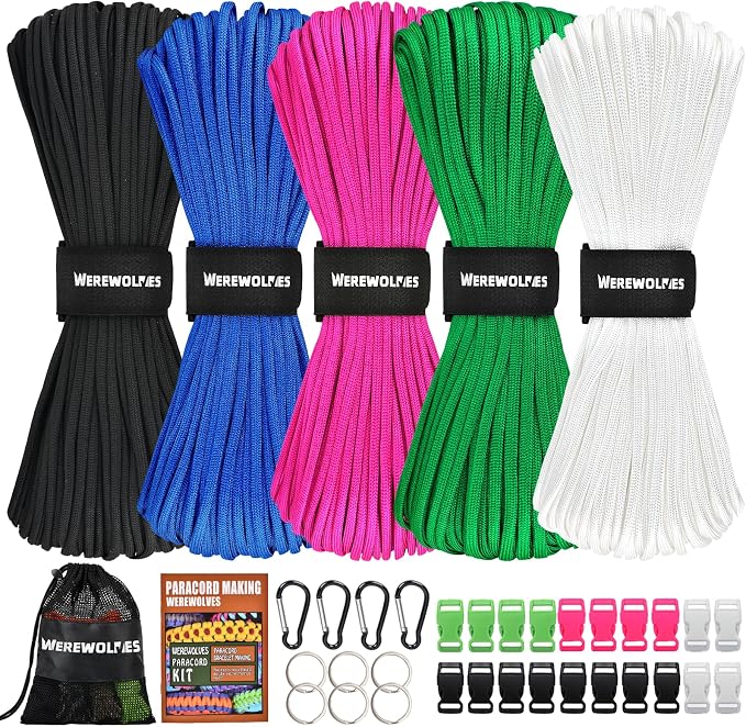 WEREWOLVES 550 Paracord Kits 100ft Each Color - 5 Colors Parachute Cord Combo 7 Strand Type III Parachute Cord 4mm for Crafting, Dog Collar, Survival Bracelets